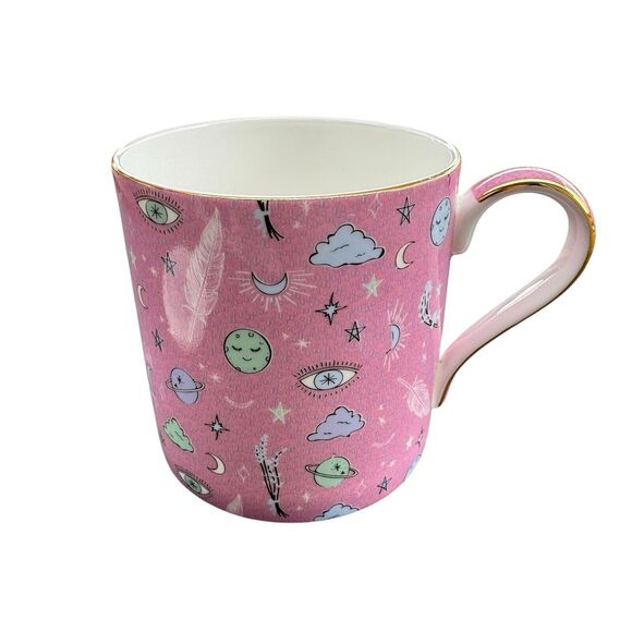 T2 Fine Bone China Tea Mug & Lid Gold Rim Sleep Tight Moon 3rd Eye Pink 13.5floz - Picture 7 of 11